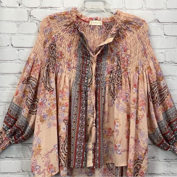 Altar’d State Blouse Women's Size S Peach Floral Paisley Boho Smocked Button Up - Picture 8 of 12